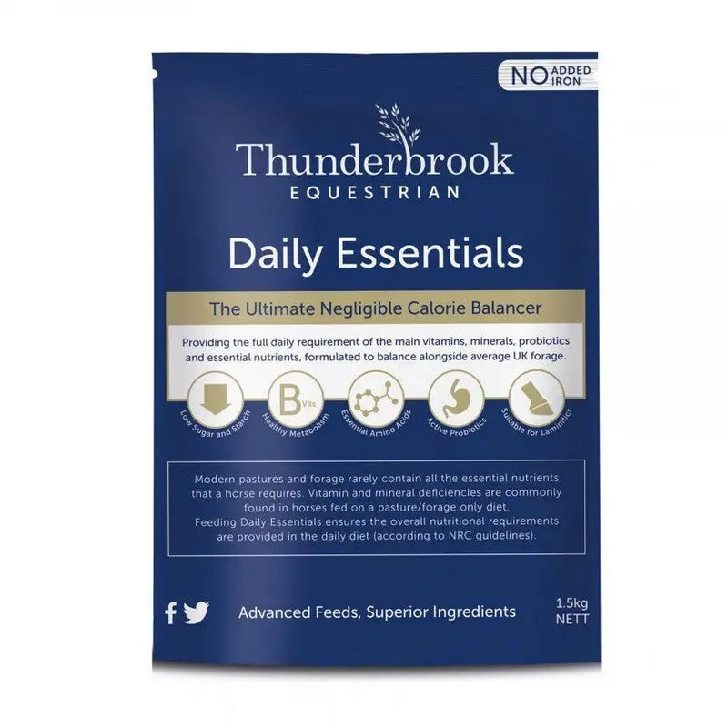 Thunderbrook daily essentials supplement packet in dark blue with gold designed for ultimate daily equestrian nutrition