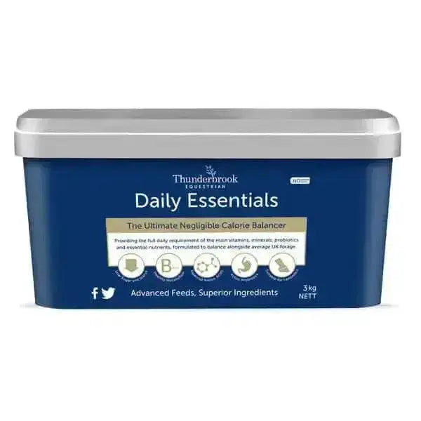 Blue rectangular container with silver lid labeled thunderbrook daily essentials for ultimate daily equestrian performance balancer