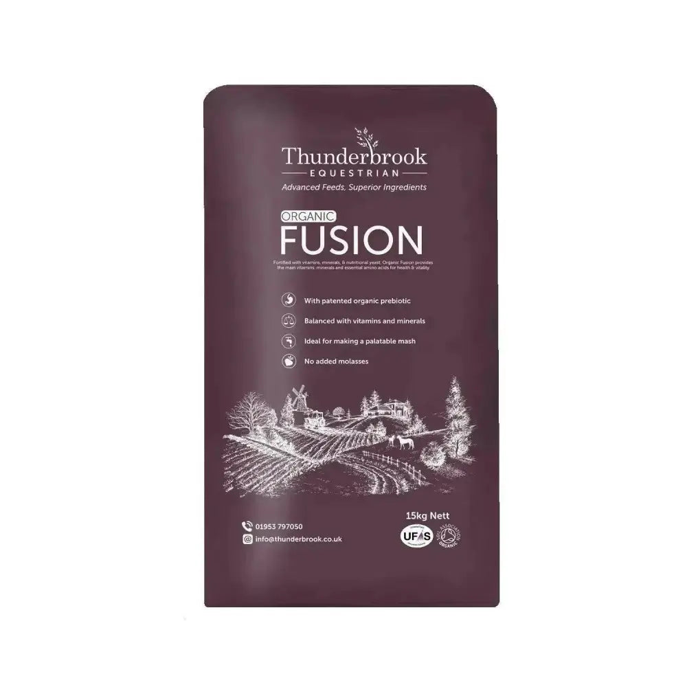 Thunderbrook fusion horse feed in dark maroon pouch with organic linseed organic oat bran and countryside design
