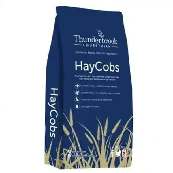 Blue thunderbrook hay cobs bag with white and gold text and grass illustrations dust free horse feed high fibre hay cobs