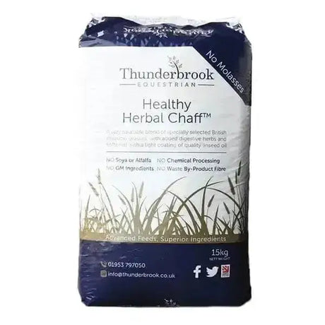 A 15kg bag of thunderbrook healthy herbal chaff horse feed with navy blue white packaging and late cut meadow grass illustration
