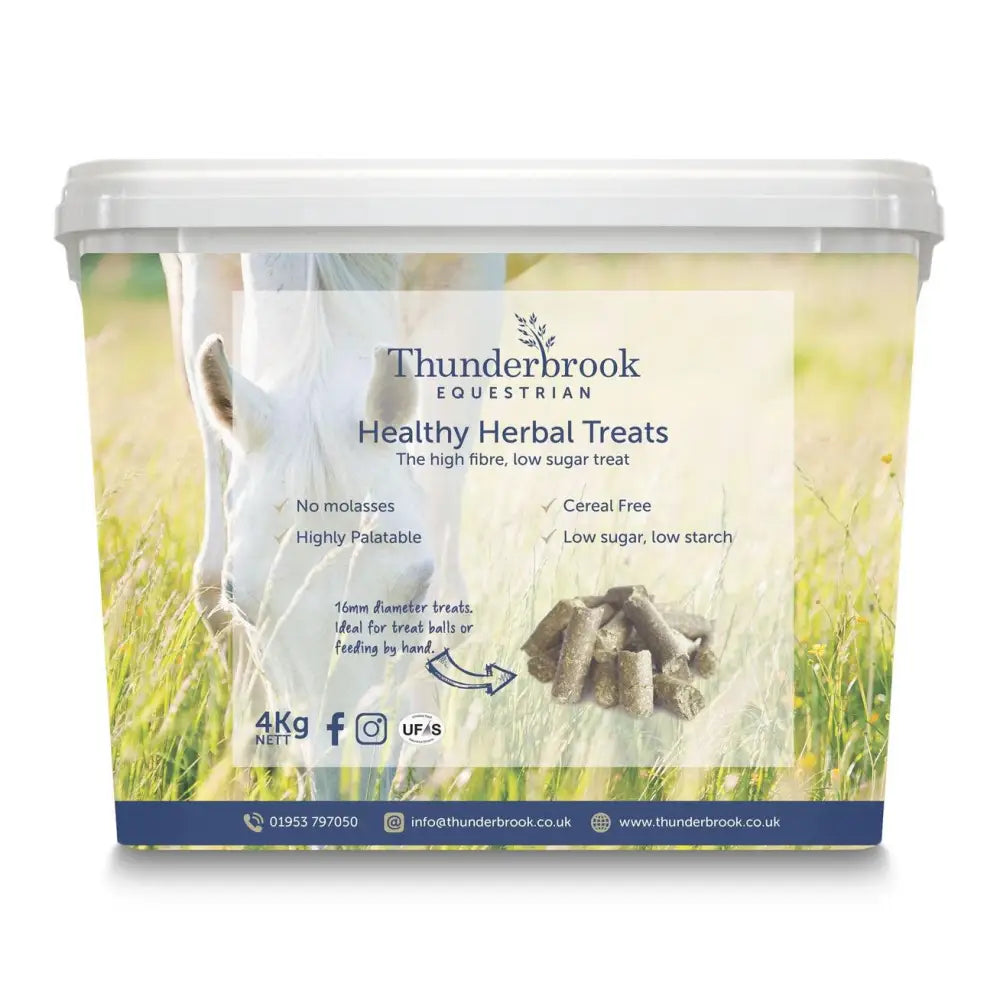 Thunderbrook healthy herbal treats in a clear 4kg tub with white lid filled with natural alpine grasses horse treats
