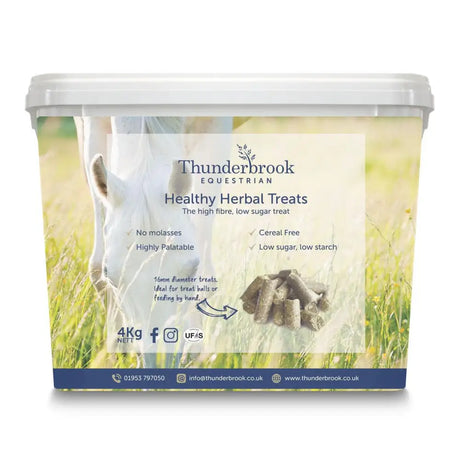 Thunderbrook healthy herbal treats in a clear 4kg tub with white lid filled with natural alpine grasses horse treats