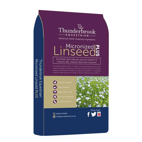 Purple and blue bag of thunderbrook micronized linseed plus 20kg horse feed with vitamin b12 for equestrian use