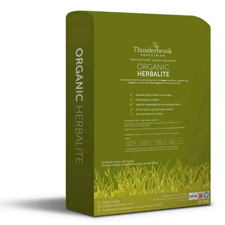 Olive green cardboard package of thunderbrook organic herbalite horse feed with organic oat straw and bio-diverse hay