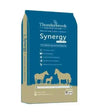 Blue and beige thunderbrook synergy base mix horse feed bag with horse silhouettes featuring chelated form cereal free design