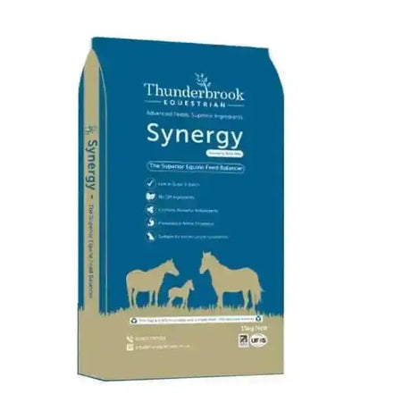 Blue and beige thunderbrook synergy base mix horse feed bag with horse silhouettes featuring chelated form cereal free design