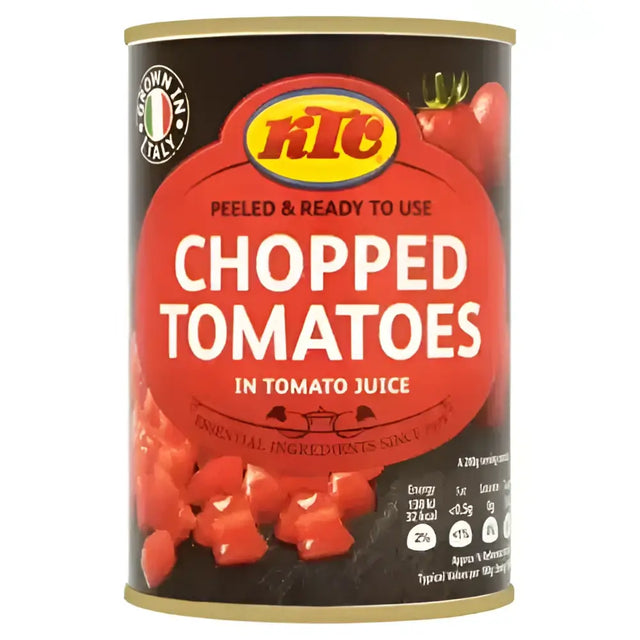 A red and black can of ktc tinned chopped tomatoes 400g in tomato juice with gold lid and fresh tomato images on label