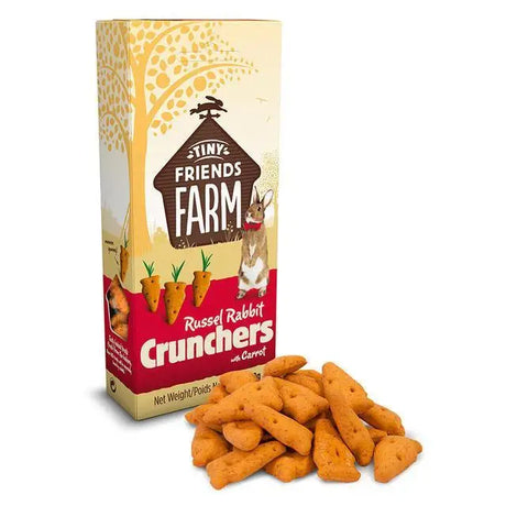 Tiny friends farm russel cruncher 8x120g orange carrot shaped rabbit treats made with wheat flour in a box