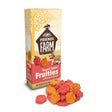 A box of tiny friends farm russell rabbit fruities treats with pink and orange cherry and apricot fruit-shaped biscuits