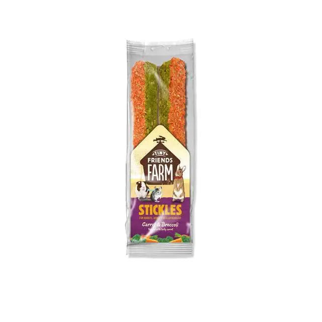 Tiny friends farm stick treats carrot and broccoli flavor in clear pack with yellow purple label 8x100g