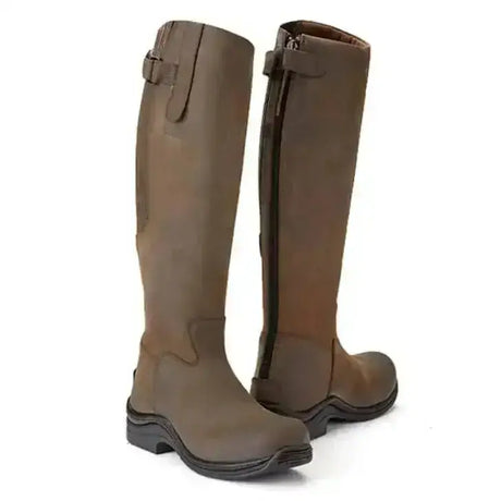 Brown nu-buck leather toggi calgary riding boots with side zipper and top buckle water repellent design
