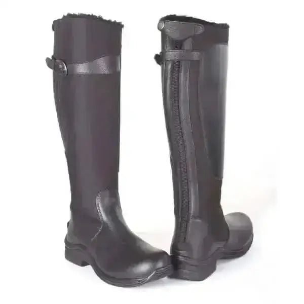 Black leather toggi chinook country winter riding boots with plush faux fur lining and adjustable strap closures