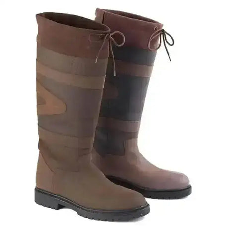 Toggi quebec country equestrian boots brown suede striped upper black rubber soles tied laces top