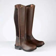 Brown leather toggi quest riding boots with elasticized quarter panel and reinforced heel for comfortable riding