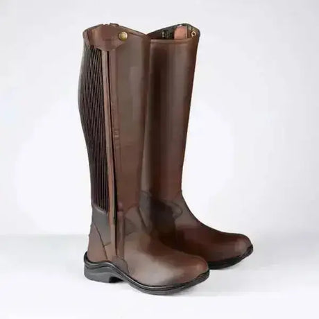 Brown leather toggi quest riding boots with elasticized quarter panel and reinforced heel for comfortable riding