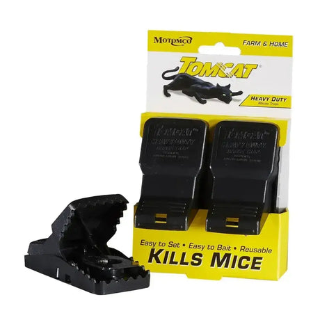 Black plastic tomcat heavy duty mouse snap trap in yellow package for effective heavy duty mouse control