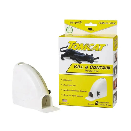 White plastic tomcat kill mechanical trap with sleek curved design and small entrance hole for a non-toxic way to catch mice