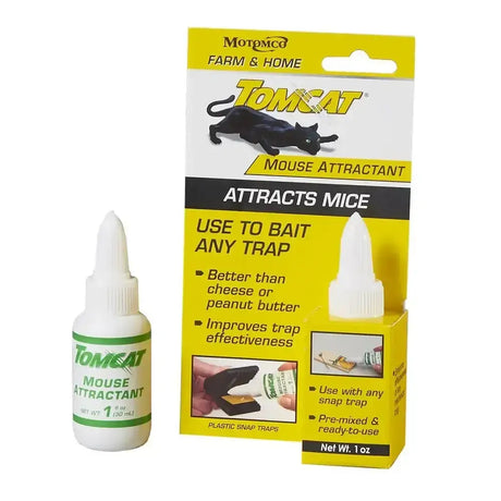 White plastic bottle of tomcat mouse attractant gel with green label for baiting snap traps non toxic attractant gel