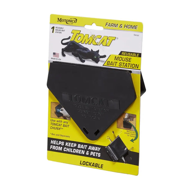 Black plastic tomcat reusable mouse bait station with lockable tamper-resistant design for safe bait storage