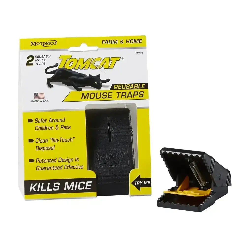 Black plastic tomcat reusable mouse trap with yellow spring trigger for durable reusable mouse snap trap use