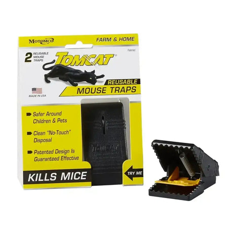 Black plastic tomcat reusable mouse trap with yellow spring trigger for durable reusable mouse snap trap use