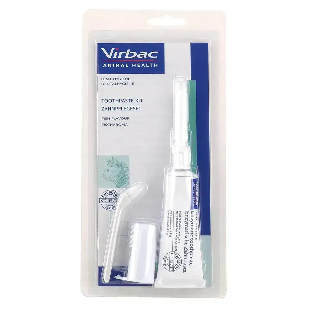 Virbac fish flavour toothpaste kit for cats in clear plastic with white and blue branding for oral hygiene programme