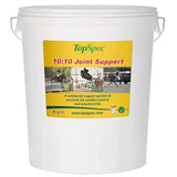White plastic bucket with yellow label featuring topspec 10 10 joint support for equestrian use caramel flavoured additive