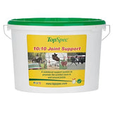 White plastic bucket with green lid and yellow label of topspec 10:10 joint supplement for comprehensive feed balancer