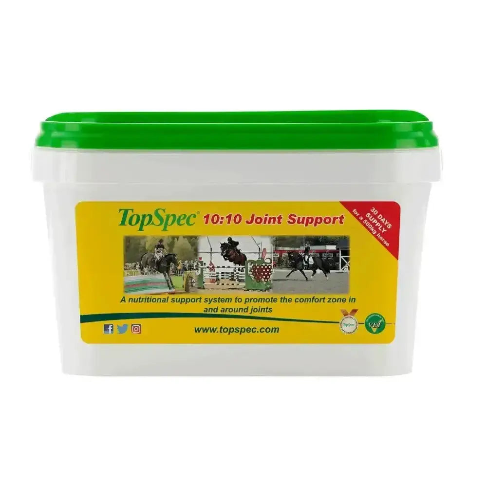 White plastic tub with green lid and yellow label for topspec 10 10 joint supplement caramel flavoured additive