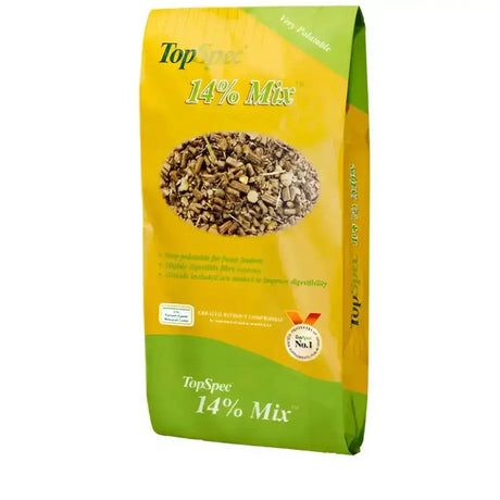 Yellow and green bag of topspec 14% mix pet food pellets for fussy feeders and horse feed supplements