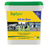 White plastic bucket with green lid and yellow label showing topspec all-in-one supplement broad-spectrum horse supplement