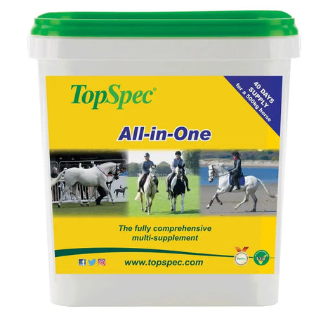 White plastic bucket with green lid and yellow label showing topspec all-in-one supplement broad-spectrum horse supplement