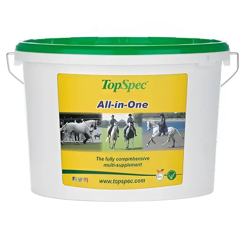 White plastic bucket with green lid and handle featuring yellow topspec all-in-one supplement label for horse broad-spectrum supplement
