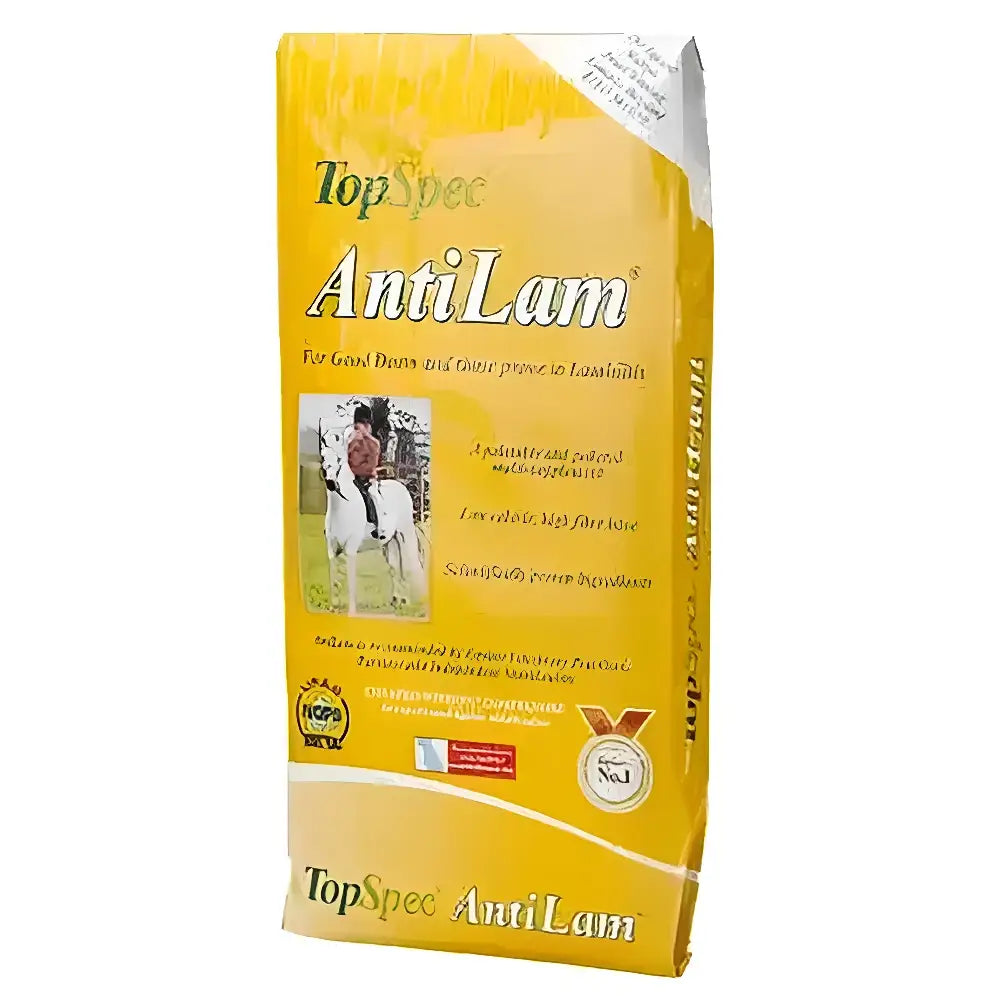 Yellow bag of topspec antilam pelleted multi-supplement designed feed for goats and sheep in antilam horse feed range