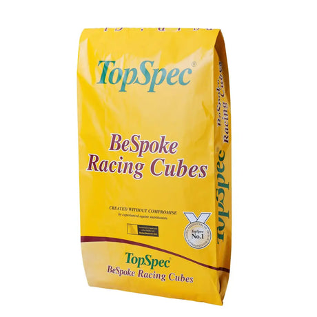 Yellow bag of topspec bespoke racing cubes horse feed with fat soya for high performance horses 20 kg pack