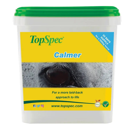 TopSpec Calmer white plastic tub with green lid and yellow label for anxious temperaments in stressful situations