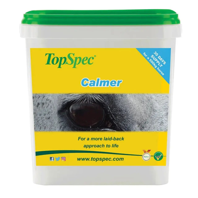 TopSpec Calmer white plastic tub with green lid and yellow label for anxious temperaments in stressful situations