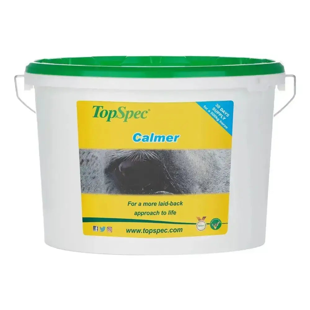 White plastic bucket with green lid and handle labeled topspec calmer for anxious temperaments in stressful situations