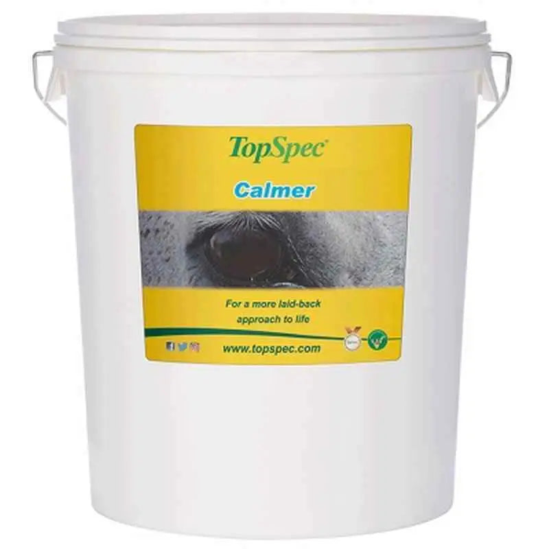 White plastic bucket with silver metal handles and yellow topspec calmer label for anxious temperaments and stressful situations