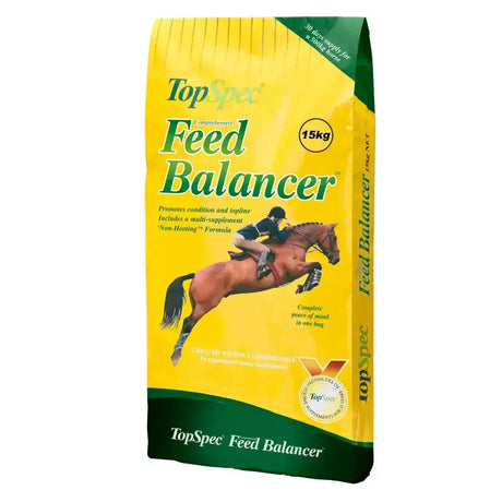 Yellow and green 15kg bag of topspec comprehensive feed balancer palatable non heating pelleted feed for horses