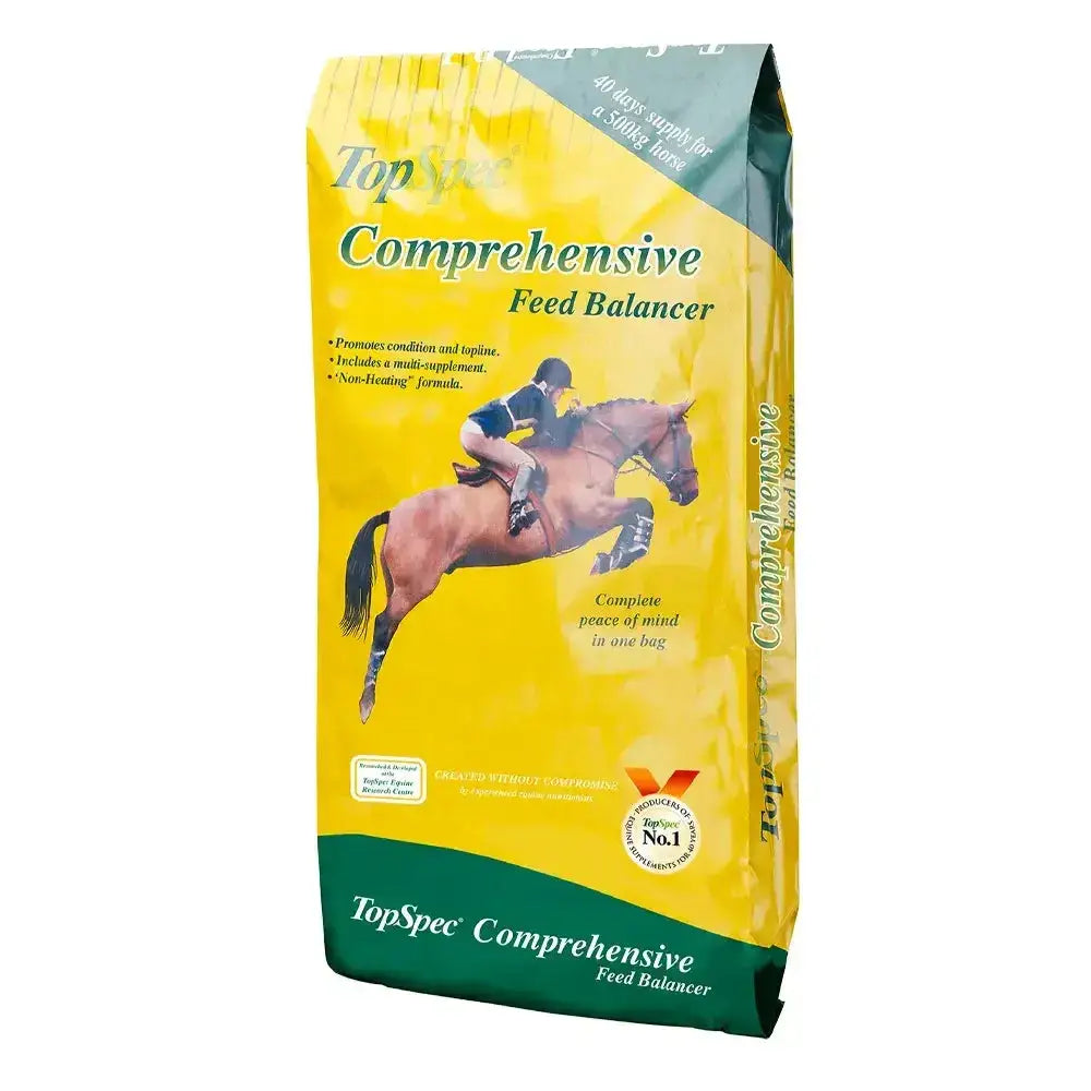 Yellow and green bag of topspec comprehensive feed balancer palatable non heating pelleted feed for horses