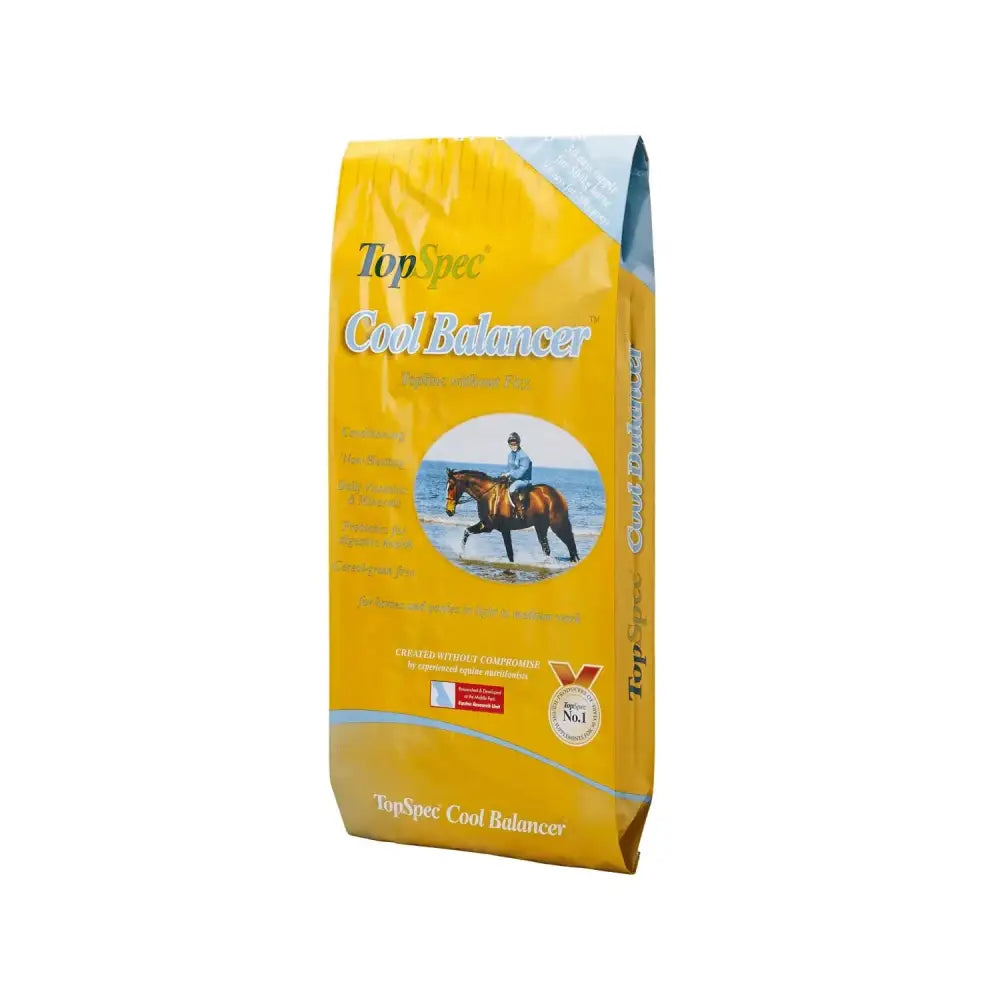 Yellow bag of topspec cool balancer horse feed with a rider on a brown horse for balancer horse feed needs