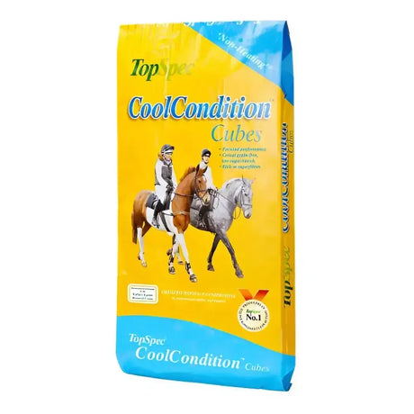 Yellow and blue bag of topspec cool condition cubes horse feed showing cool condition cubes provide essential nutrients