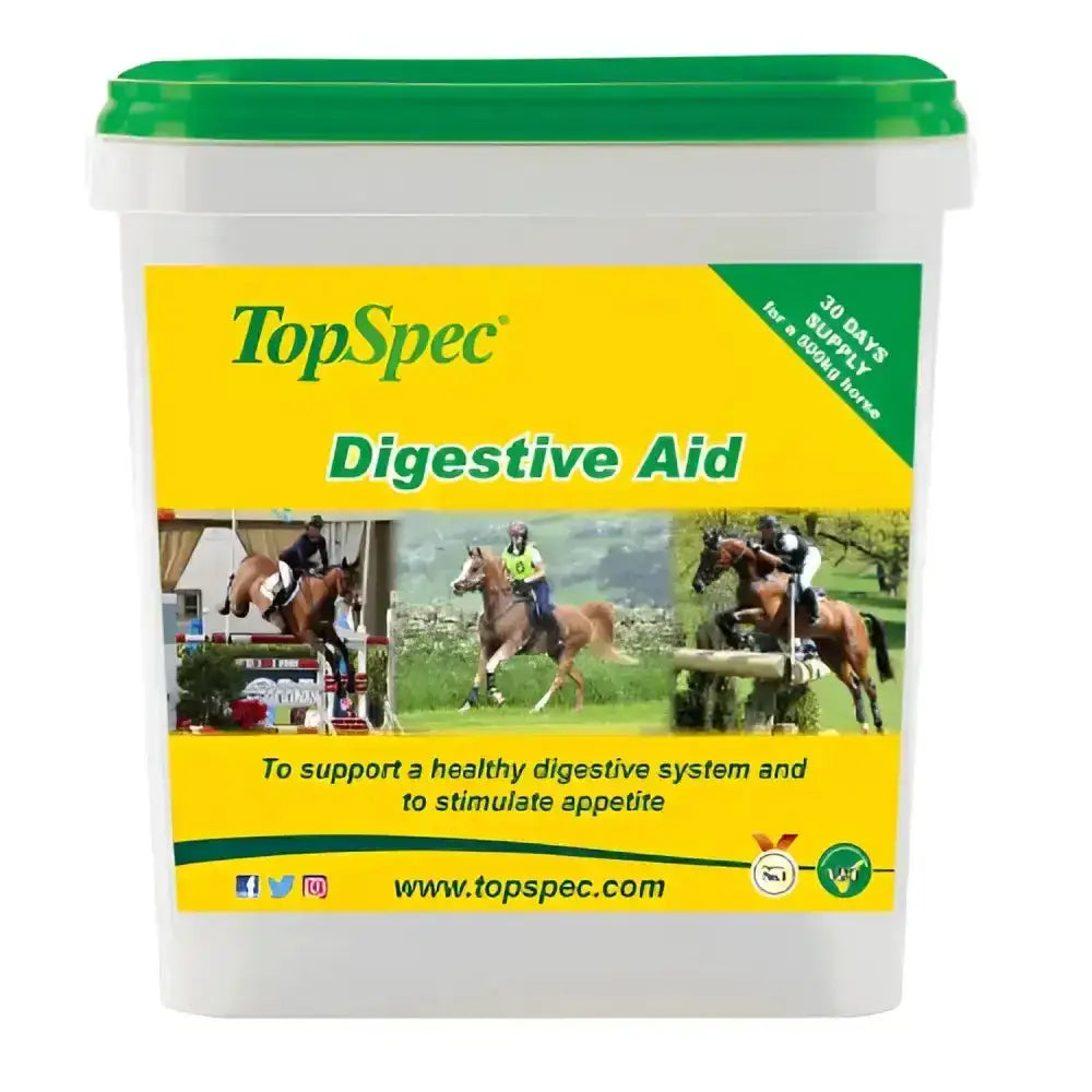 White plastic bucket with green lid and yellow label of topspec digestive aid for horses to support healthy digestion and vitamin b12