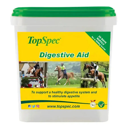 White plastic bucket with green lid and yellow label of topspec digestive aid for horses to support healthy digestion and vitamin b12