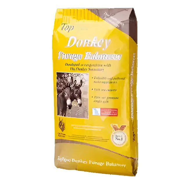 Yellow and brown bag of topspec donkey forage balancer with essential vitamins for healthy donkey feeding