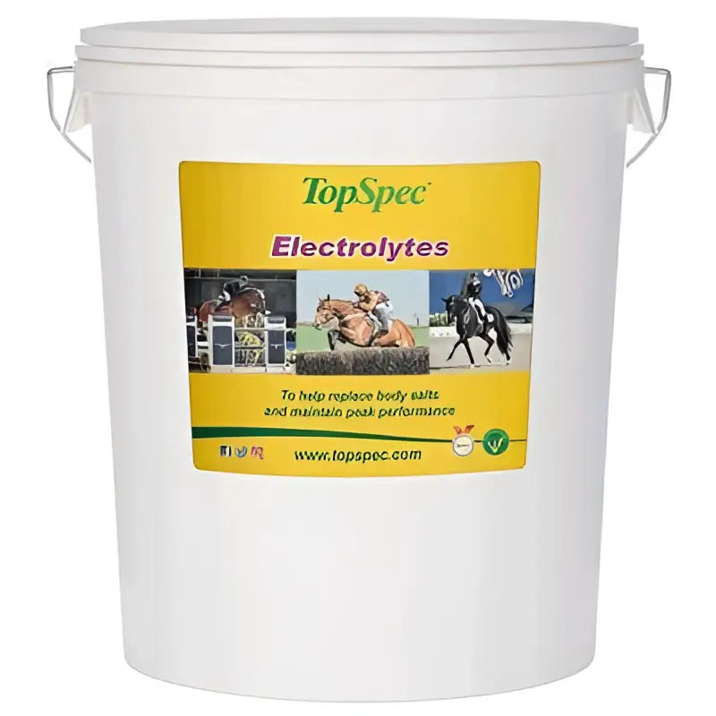 White plastic bucket of topspec electrolytes horse supplement with yellow label for heavy sweating and equestrian use