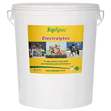 White plastic bucket of topspec electrolytes horse supplement with yellow label for heavy sweating and equestrian use