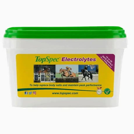 White plastic bucket with green lid and yellow label for topspec electrolytes horse supplement to aid heavy sweating recovery